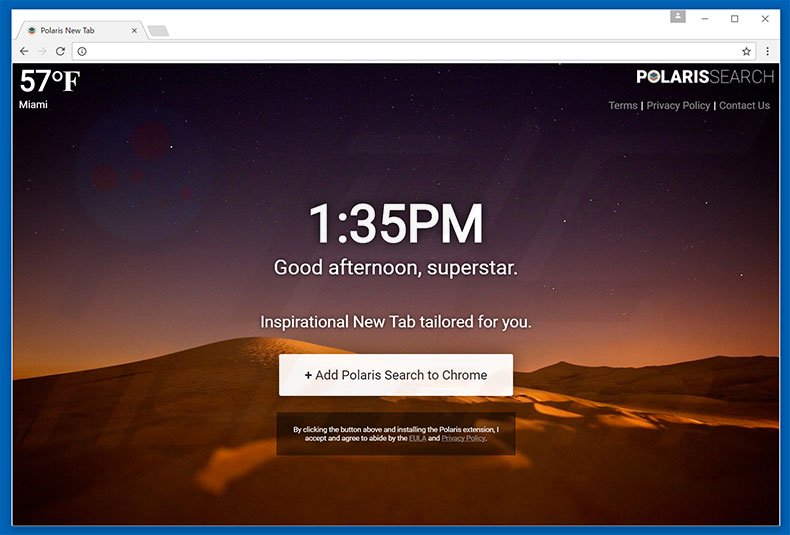 Polaris Search browser hijacker promoting website