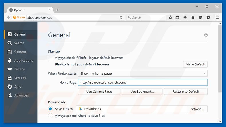 Removing search.safensearch.com from Mozilla Firefox homepage