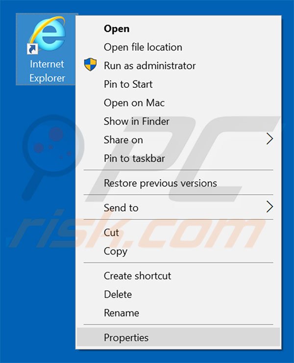 Removing search.safensearch.com from Internet Explorer shortcut target step 1