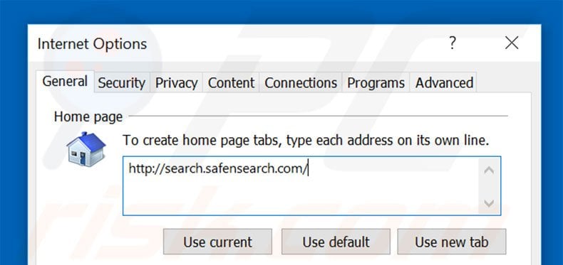 Removing search.safensearch.com from Internet Explorer homepage