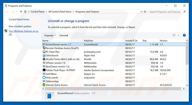 ScreenShared adware uninstall via Control Panel