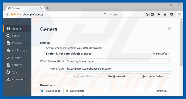 Removing search.searchdescargar.com from Mozilla Firefox homepage