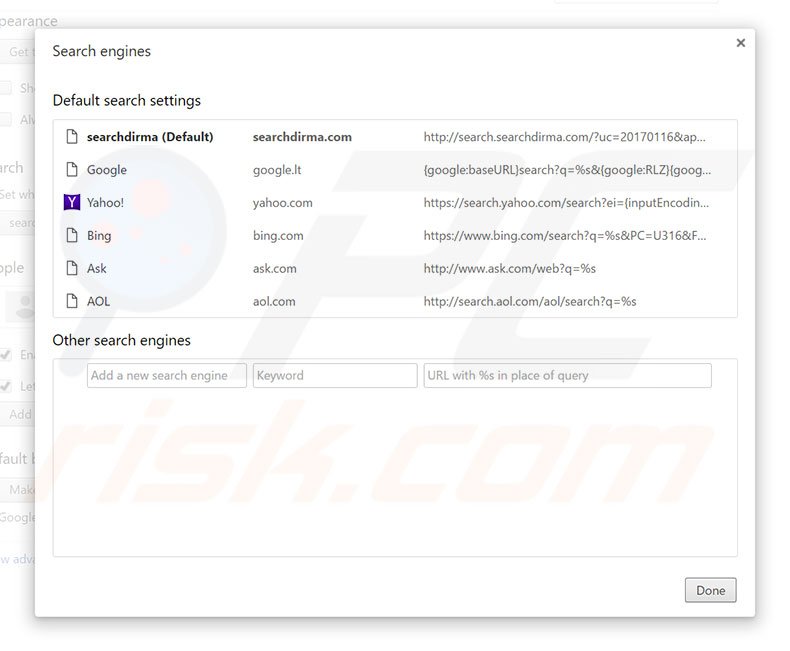 Removing search.searchdirma.com from Google Chrome default search engine