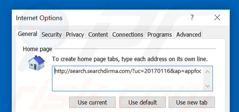 Removing search.searchdirma.com from Internet Explorer homepage