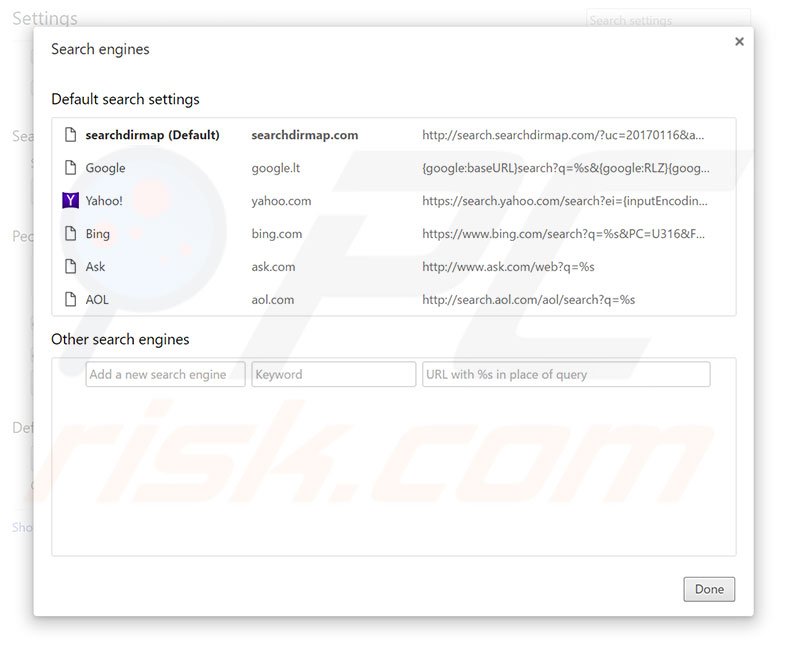 Removing search.searchdirmap.com from Google Chrome default search engine