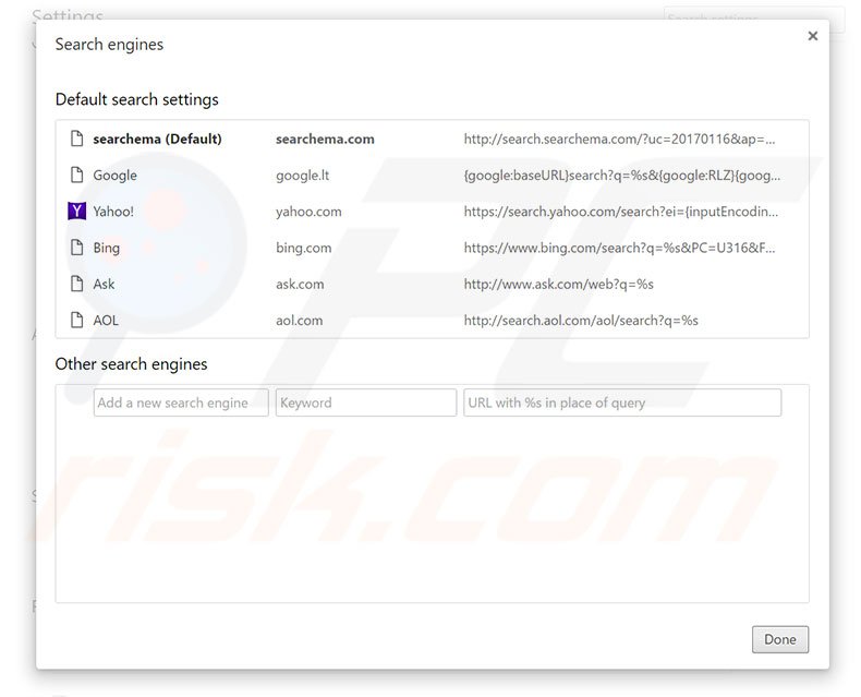 Removing search.searchema.com from Google Chrome default search engine