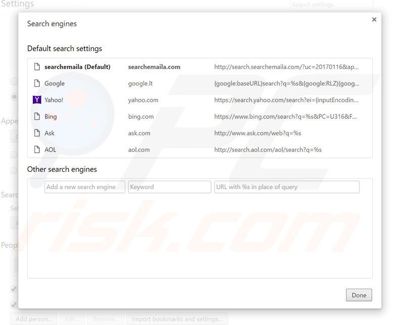 Removing search.searchemaila.com from Google Chrome default search engine