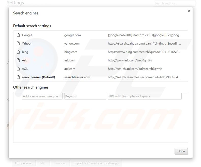Removing search.searchleasier.com from Google Chrome default search engine