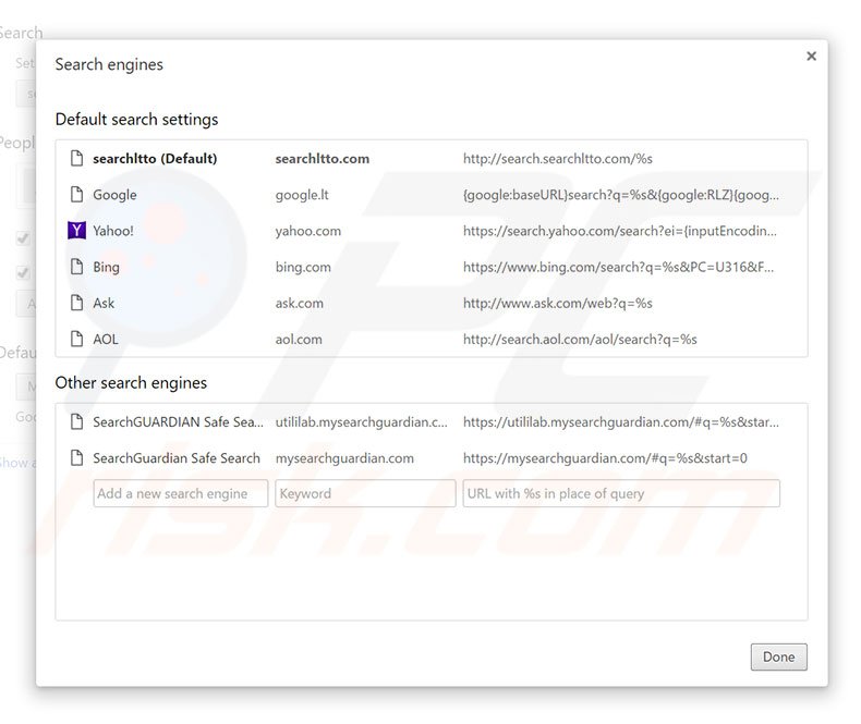 Removing search.searchltto.com from Google Chrome default search engine