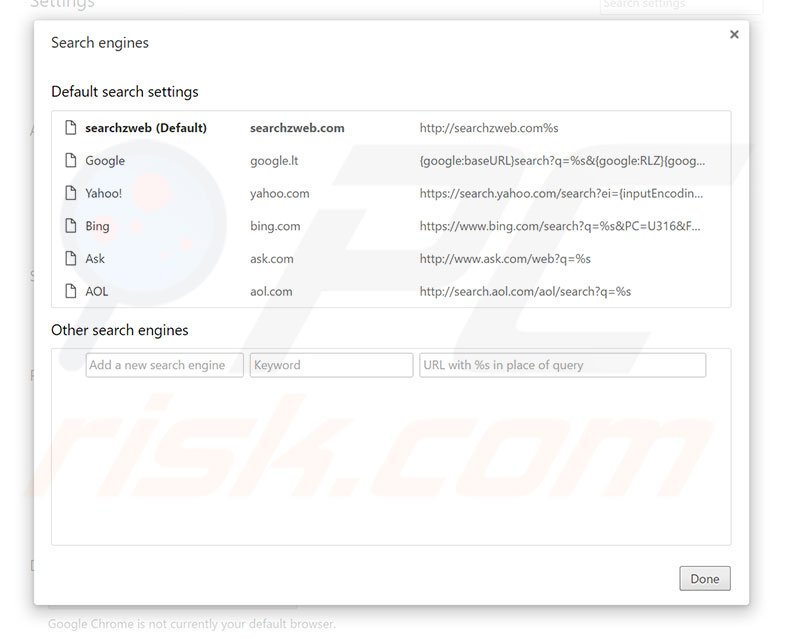Removing searchzweb.com from Google Chrome default search engine