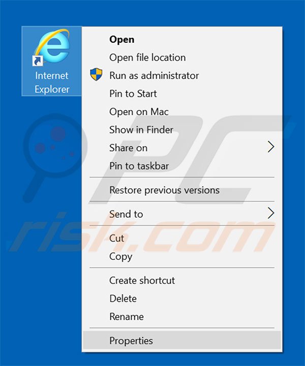 Removing searchzweb.com from Internet Explorer shortcut target step 1