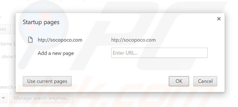 Removing socopoco.com from Google Chrome homepage