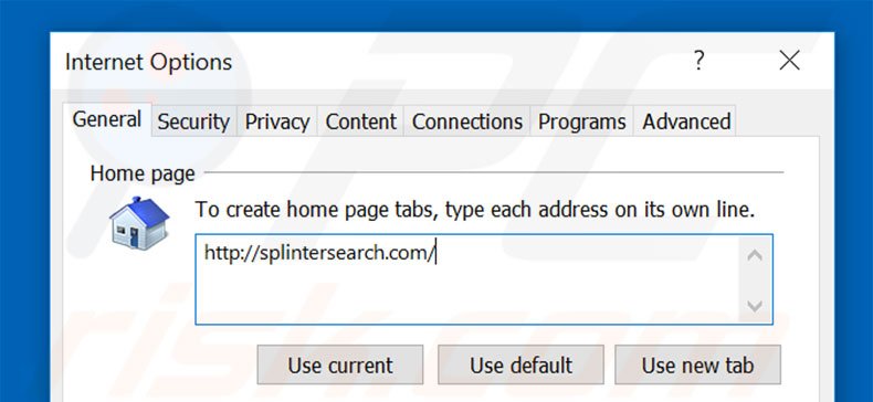 Removing splintersearch.com from Internet Explorer homepage