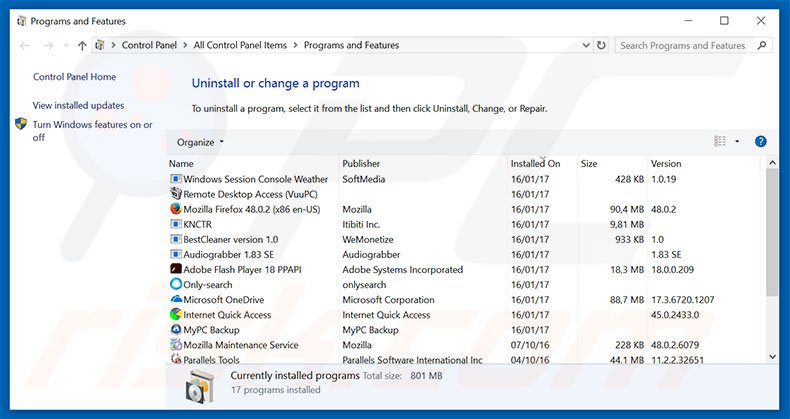 splintersearch.com browser hijacker uninstall via Control Panel