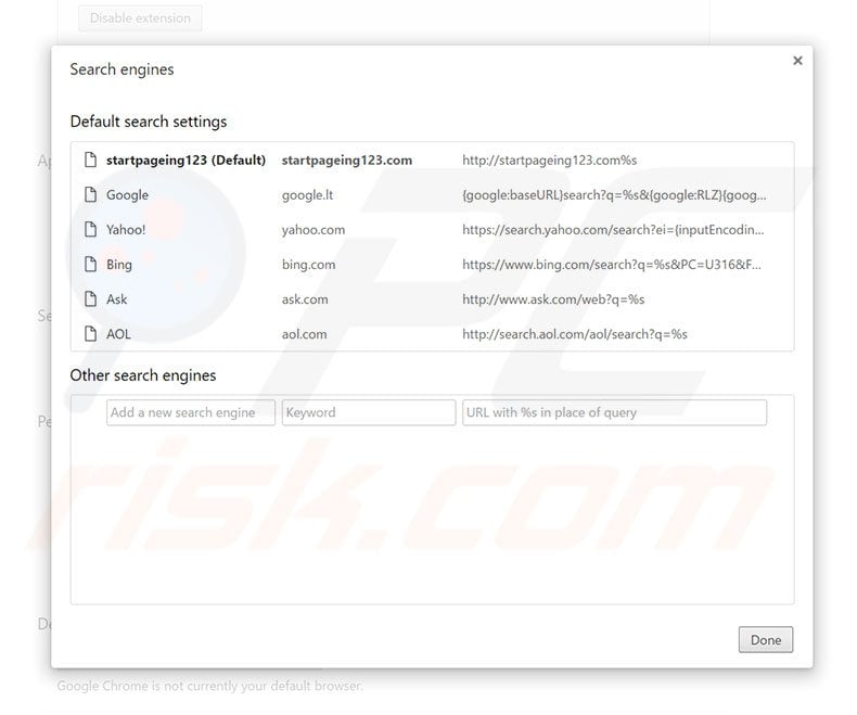 Removing startpageing123.com from Google Chrome default search engine