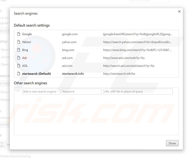 Removing startsearch.info from Google Chrome default search engine