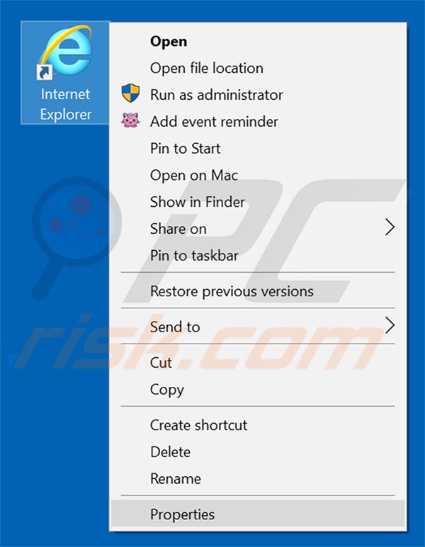 Removing startsearch.info from Internet Explorer shortcut target step 1