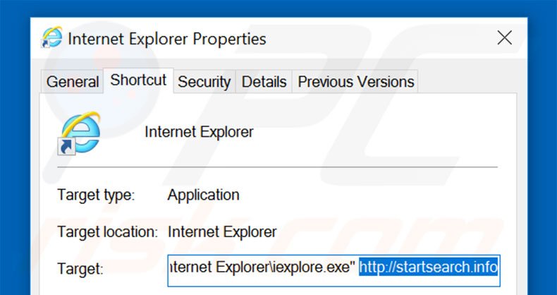 Removing startsearch.info from Internet Explorer shortcut target step 2