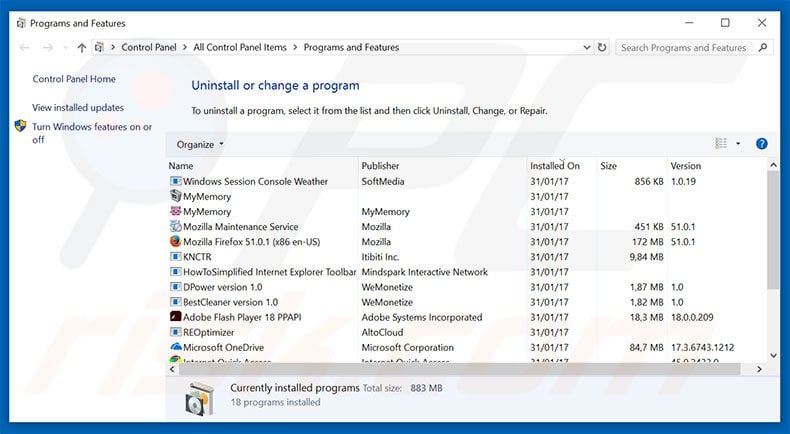 System Blocked For Security Reasons adware uninstall via Control Panel