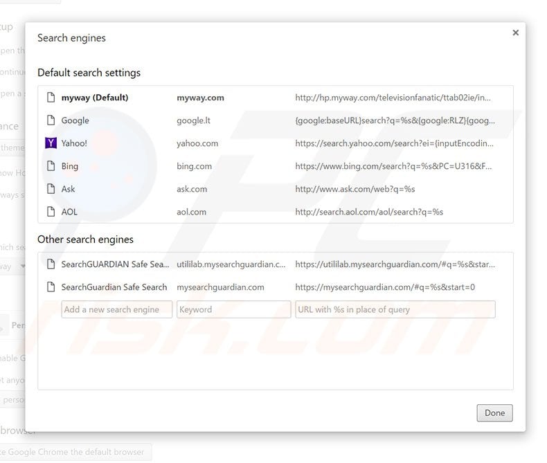 Removing hp.myway.com from Google Chrome default search engine