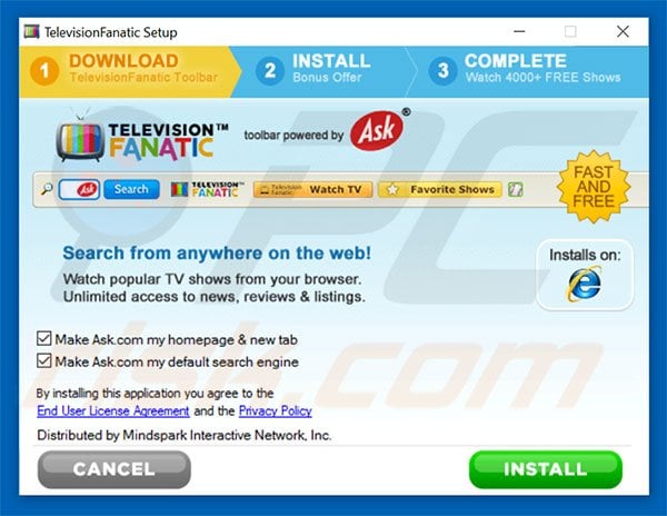 Official TelevisionFantastic browser hijacker installation setup