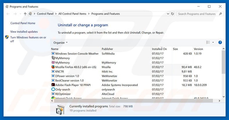 Wizzcaster adware uninstall via Control Panel