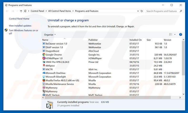 Attempt To Tamper Data On This PC adware uninstall via Control Panel