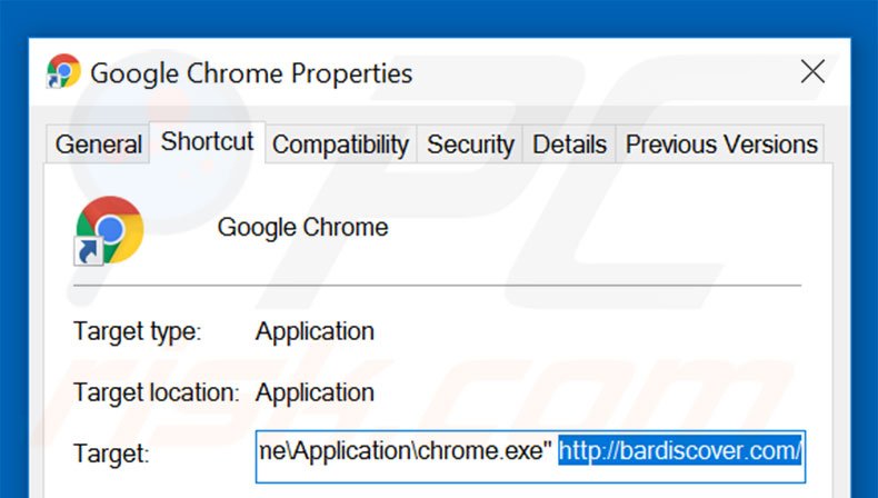 Removing bardiscover.com from Google Chrome shortcut target step 2