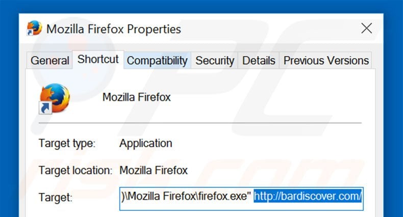 Removing bardiscover.com from Mozilla Firefox shortcut target step 2