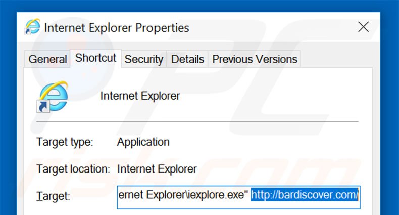 Removing bardiscover.com from Internet Explorer shortcut target step 2