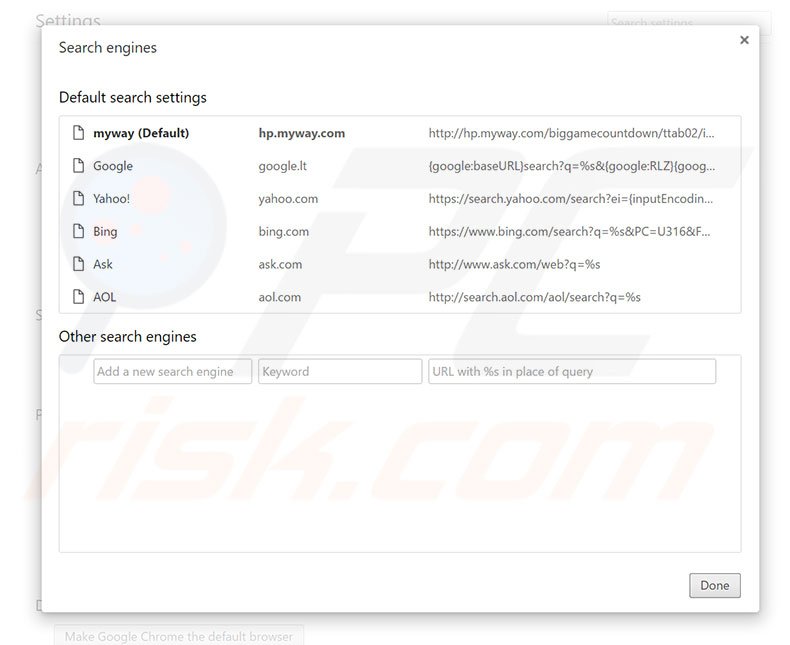 Removing hp.myway.com from Google Chrome default search engine