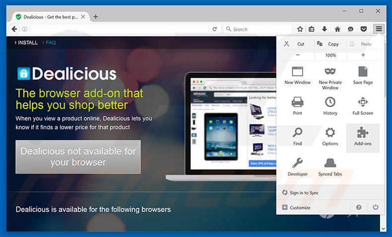 Removing Dealicious ads from Mozilla Firefox step 1