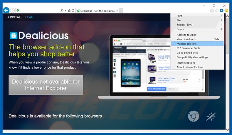 Removing Dealicious ads from Internet Explorer step 1