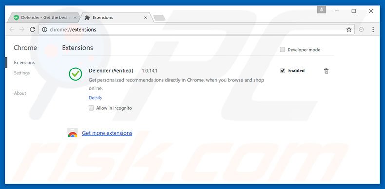 Removing Defender ads from Google Chrome step 2