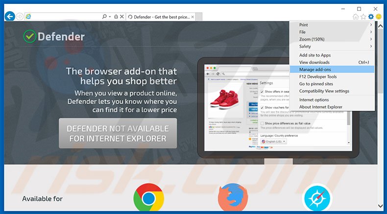Removing Defender ads from Internet Explorer step 1