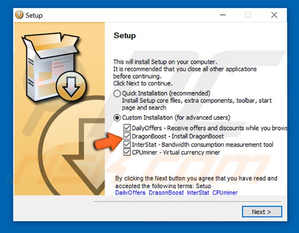 DragonBoost adware installation setup