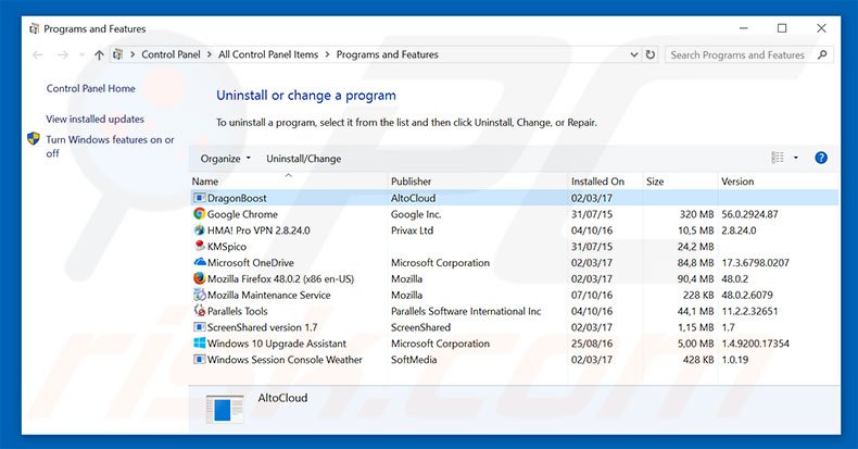 DragonBoost adware uninstall via Control Panel