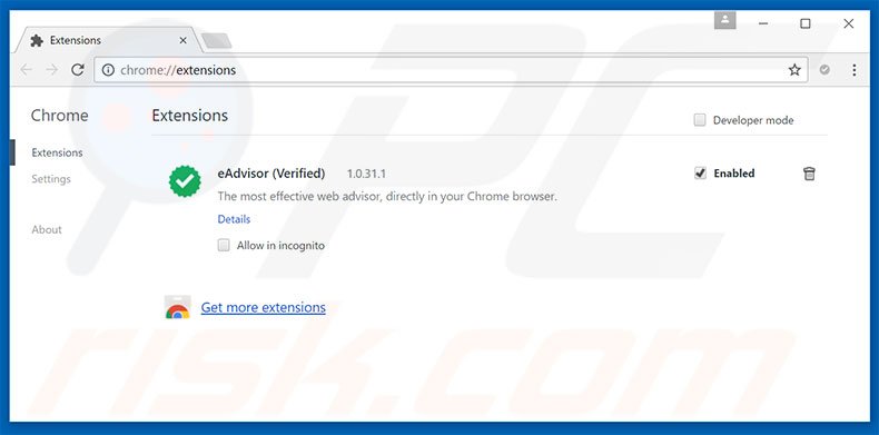 Removing eAdvisor ads from Google Chrome step 2