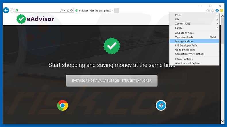 Removing eAdvisor ads from Internet Explorer step 1