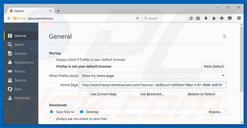 Removing search.easyinterestsaccess.com from Mozilla Firefox homepage