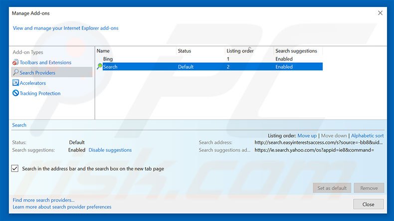 Removing search.easyinterestsaccess.com from Internet Explorer default search engine