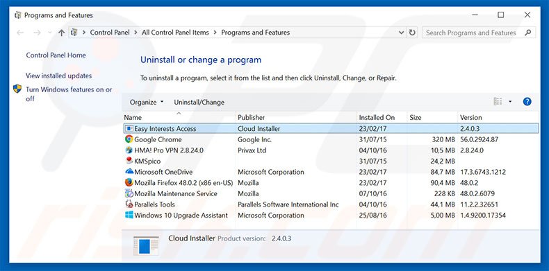 search.easyinterestsaccess.com browser hijacker uninstall via Control Panel