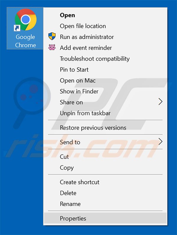 Removing eusearch.org from Google Chrome shortcut target step 1