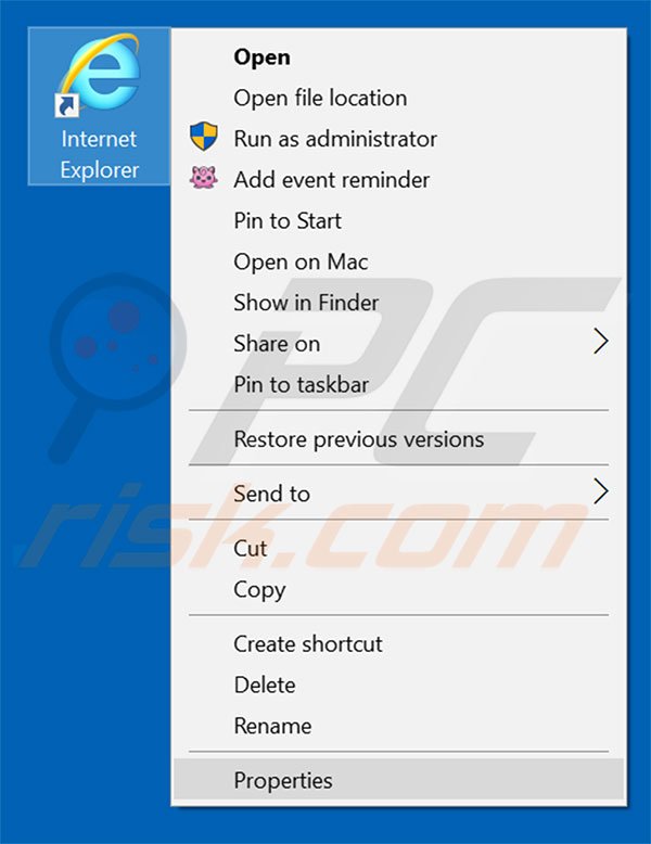 Removing eusearch.org from Internet Explorer shortcut target step 1