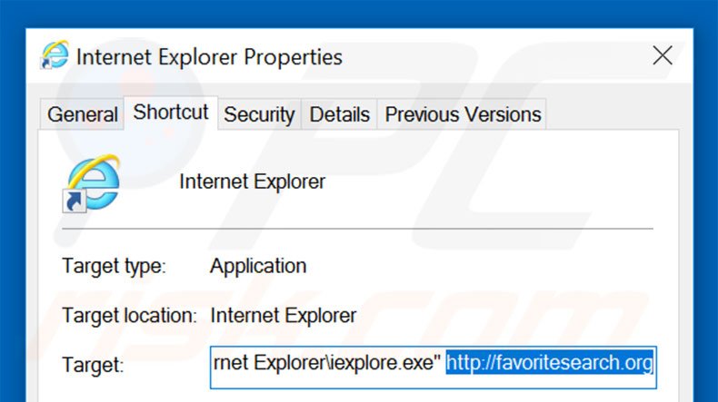 Removing favoritesearch.org from Internet Explorer shortcut target step 2