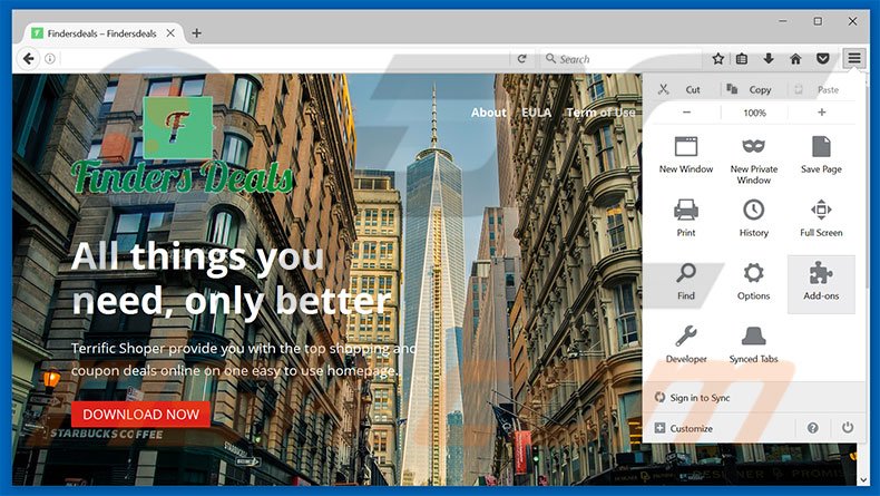 Removing Findersdeals ads from Mozilla Firefox step 1