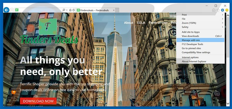 Removing Findersdeals ads from Internet Explorer step 1