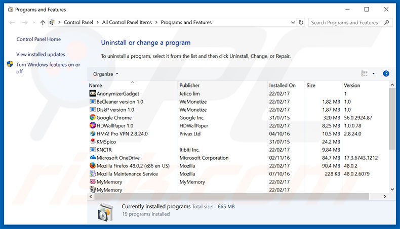 Findersdeals adware uninstall via Control Panel