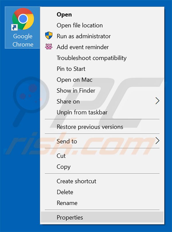 Removing forsearch.net from Google Chrome shortcut target step 1