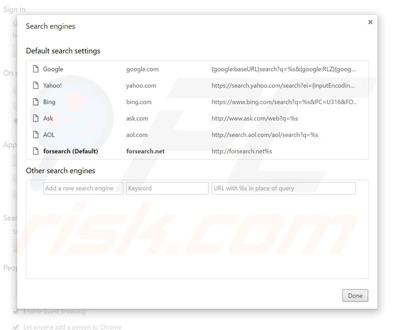 Removing forsearch.net from Google Chrome default search engine